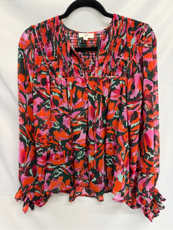 Anthropologie Tops - Entro Smocked Yoke Long Sleeve Blouse Pink Red Floral Abstract Medium